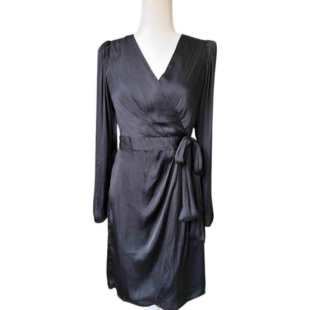 NWT Banana Republic Satin Puff-Sleeve Wrap Dress Black Size 2